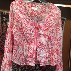 Floral button and lace up frilled blouse. EUC